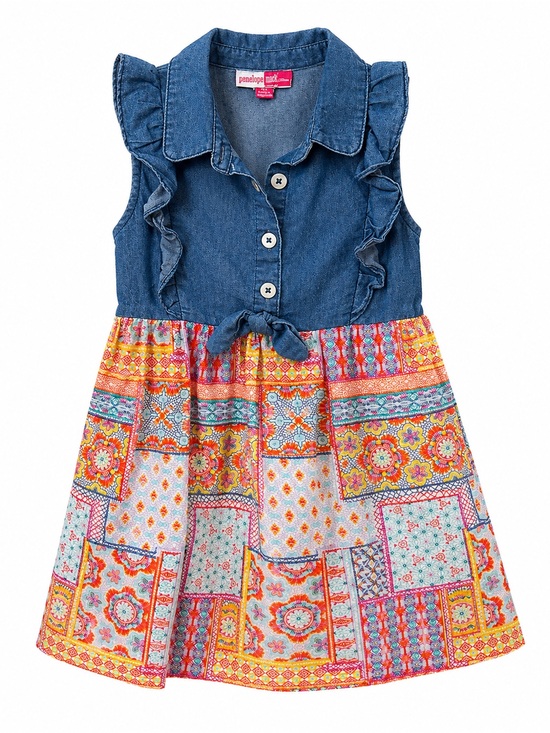 Penelope Mack Other - Penelope Mack Denim-Top Boho Patchwork Sundress in Blue and Multi-Color